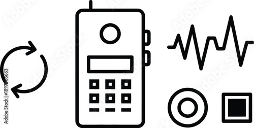 Digital Voice Recorder Icon Set with Sound Waves, Retro Cassette Tape, Audio Recording Buttons, Refresh Symbol, and Minimalist Line Art Illustrations