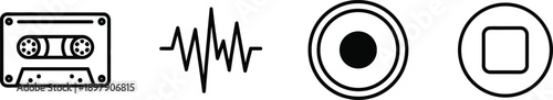 Audio Recording Icons Featuring Retro Cassette Tape, Sound Waveform, Record Button, and Stop Symbol, Minimalist Line Art Style for Music Production