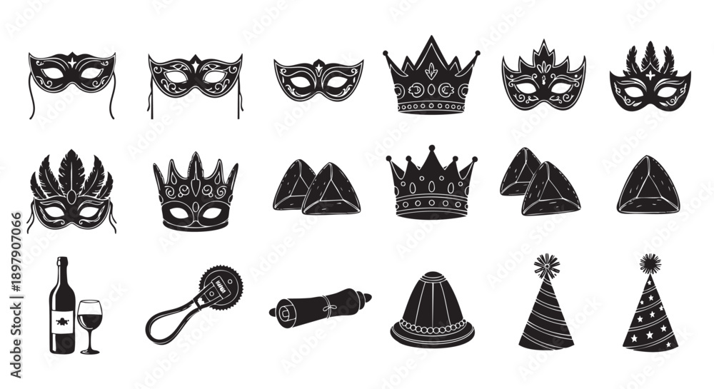 Fototapeta premium Collection of masquerade masks and party accessories isolated on transparent background