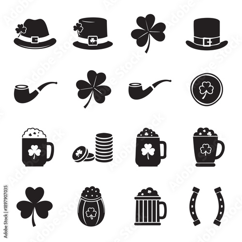 Collection of Irish St Patrick Day themed icons and elements