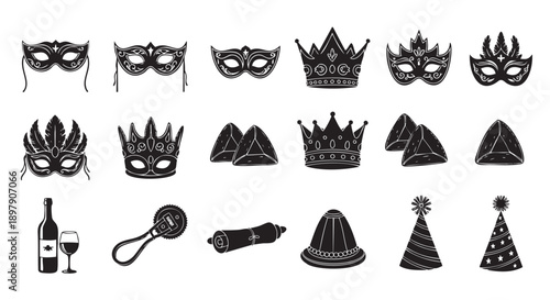 Collection of masquerade masks and party accessories isolated on transparent background