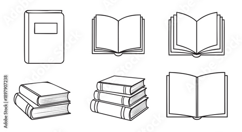 Collection of various book types and styles illustrated in simple line art