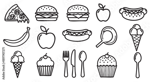 A variety of food icons forming a delicious black and white pattern