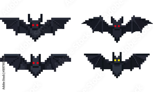 Set of Dark Flying Bat Vector Illustrations with Various Wing Spans for Halloween Decoration Spooky Night Theme Vampire Elements and Wildlife Silhouette Icons