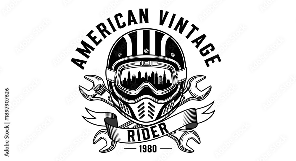 Obraz premium American Vintage Rider Logo Design. Retro Motorcycle Helmet, City Skyline Reflection, and Crossed Wrenches. Biker Culture Graphic 1980.