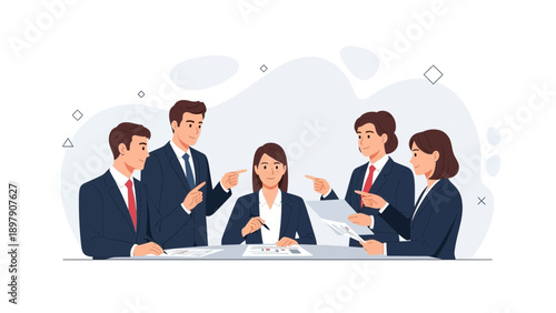 Business meeting, team discussion, conflict, disagreement, pointing fingers, blame