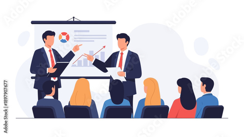Business presentation with charts and audience in a meeting room