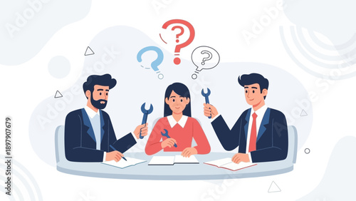 Teamwork and problem-solving concept, business meeting with question marks and tools