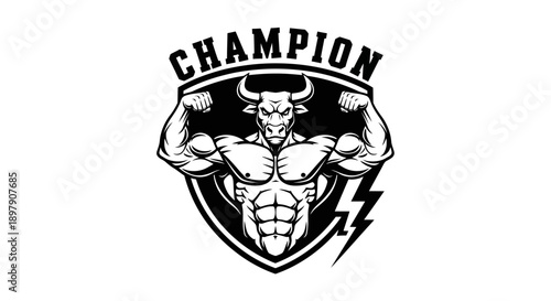 Muscular Bull Champion Mascot Logo Vector. Strong Ox Bodybuilder Gym Emblem with Lightning Bolt Shield Illustration.