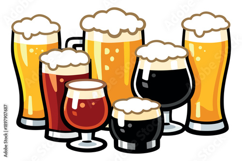 Cartoon beer set featuring different styles of beer for beverage designs