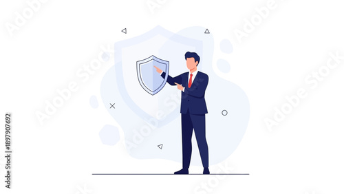 Businessman Protecting Shield Symbol, Security Concept, Business Safety, Digital Protection