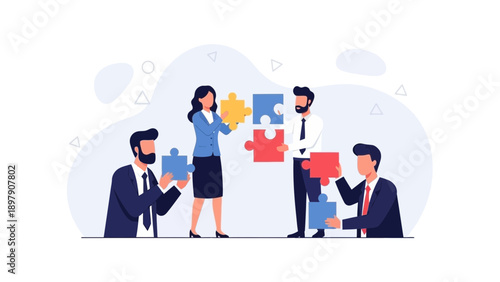 Teamwork and Collaboration: Business People Assembling Puzzle Pieces