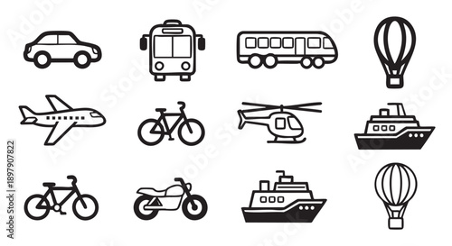 Various transportation vehicles icons including car bus airplane bicycle motorcycle