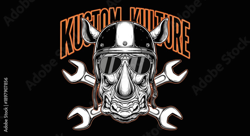 Kustom Kulture Rhino Mascot Illustration: Aggressive Biker Head in Helmet and Sunglasses with Crossed Wrenches.