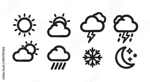 Weather icon set with sun clouds and rain simple style forecast