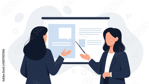 Business meeting with presentation, two women discussing ideas near whiteboard