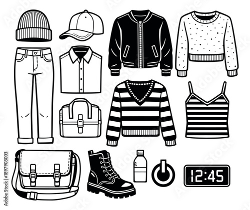Line art fashion items and accessories set featuring everyday apparel and personal accessories for fashion design or lifestyle projects