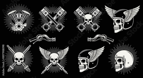 Motorcycle Skulls and Engine Parts Seamless Pattern. Vintage Biker Culture Design Set with Pistons, V-Twin Motor, and Winged Helmets.