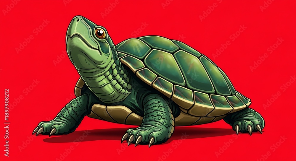 Obraz premium Green turtle ,red background 