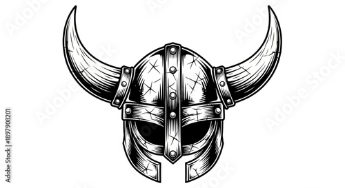Vintage Distressed Viking Helmet with Horns - Monochrome Warrior Headgear Engraving Style Vector Illustration