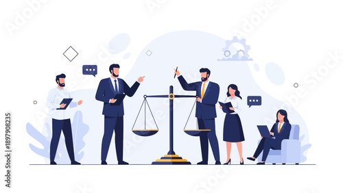 Legal Team Discussing Case near Justice Scales, Flat Design Illustration