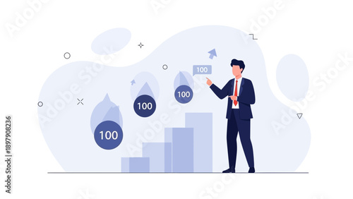 Businessman pointing at growth chart with percentage icons