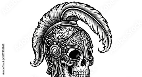 Detailed Engraving of Skull Wearing Ornate Plumed Roman Gladiator Helmet. Vintage Black and White Warrior Tattoo Design Vector.