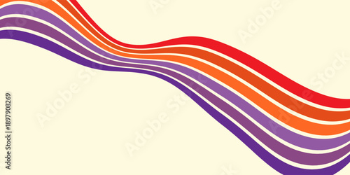 Abstract colorful 70s background vector. Vintage retro wallpaper with rainbow stripes and wavy lines. A 1970 color illustration suitable for posters, modern.