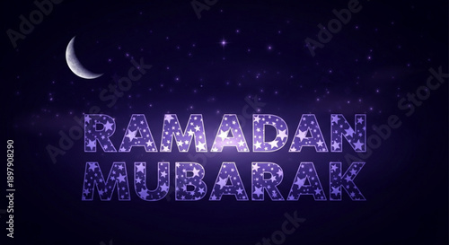 Ramadan mubarak greeting with crescent moon and stars on dark background islamic holiday celebration