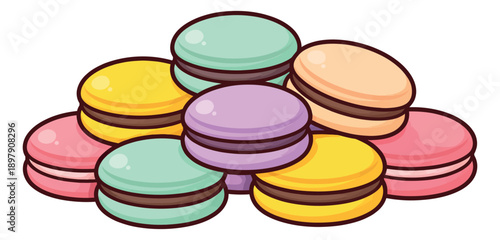 Cartoon line art macaron set featuring colorful pastel cookies for dessert and pastry designs