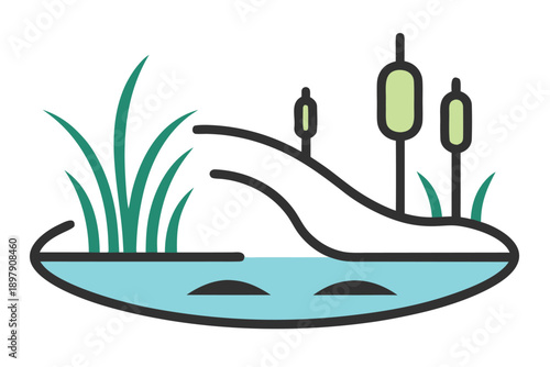 wetland river outline vector icon  river with reed