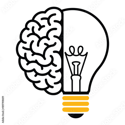 Conceptual vector graphic of a human brain merging with a lit light bulb, symbolizing ideas.