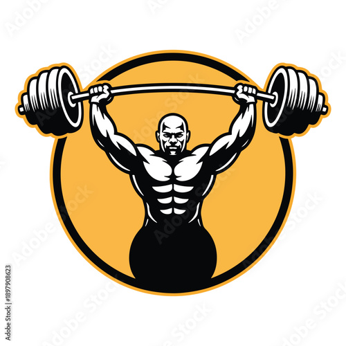 Powerful muscular man lifting a heavy barbell overhead in a circular emblem, fitness and strength.