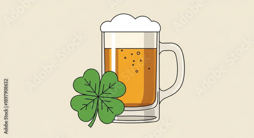 A glass of beer with a four leaf clover on a plain background symbolizing good luck and festive cheer
