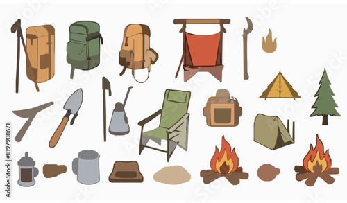 Hand drawn camping doodle flat vector clipart outdoor set