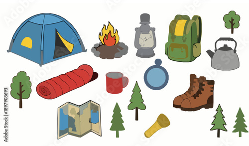 Cute camping doodle flat vector clipart outdoor recreation set