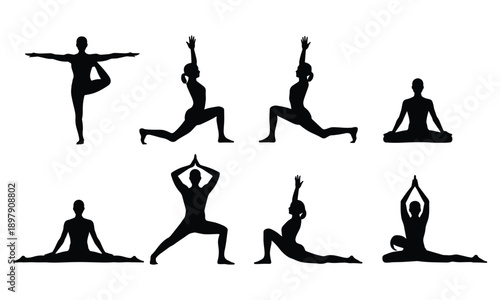 Diverse yoga poses silhouette collection, representing flexibility, balance, and mindful exercise for well-being.