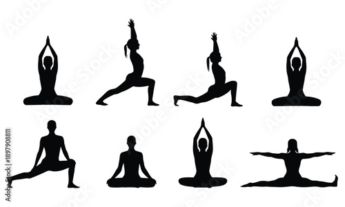 Collection of diverse yoga poses silhouettes, showcasing flexibility, balance, and mindful movement for health.