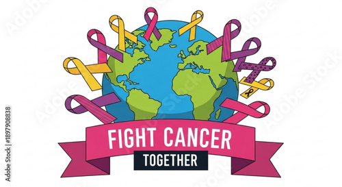 Global cancer awareness ribbon symbol with earth globe and fight cancer together banner