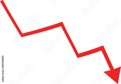 Red downward trending arrow symbol indicating decline or loss isolated on transparent background