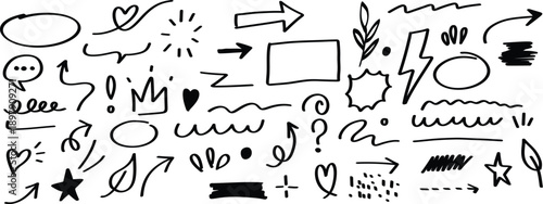 Hand drawn doodle icons set of emotions, objects, and symbols isolated on transparent background