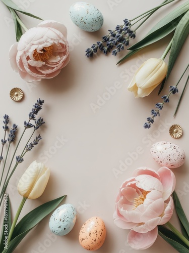 A delicate Easter flat lay with pastel eggs, soft flowers, and lavender sprigs on a neutral background.
