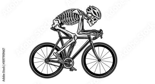Black and White Skeleton Cyclist Riding Race Bicycle. Vintage Graphic Vector Illustration of Cycling Skeleton Mascot.