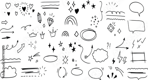 Hand drawn doodle icons set of arrows, stars, speech bubbles, hearts and symbols isolated on transparent background