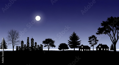 Moonlit Night Landscape with Silhouetted Trees and Ruins