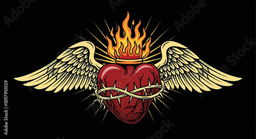 Flaming Sacred Heart with Angel Wings and Crown of Thorns Tattoo Vector. Classic Neo-Traditional Religious Iconography Illustration.
