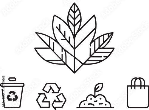 Collection of black line icons illustrates various elements of waste management and plant cultivation below a stylized multi-leaf emblem.