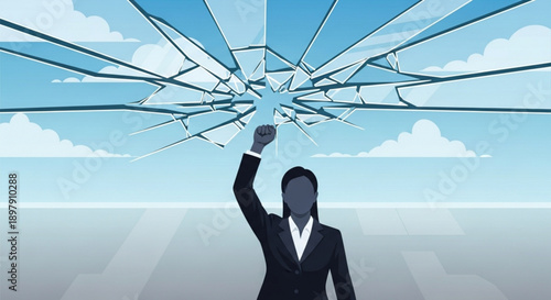 Businessman Breaking Through Shattered Glass into Blue Sky
