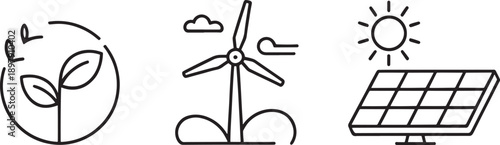 Renewable energy sources are displayed using simple line art icons featuring a recycling sprout, a wind turbine, and a solar panel under the sun.