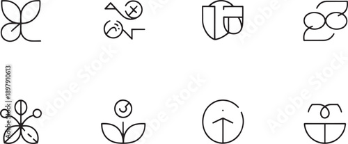 Collection of eight minimalist line icons representing abstract concepts like growth, verification, protection, and connection in a clean layout.